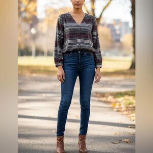 Madewell V-Neck Button-Down Shirt Sz XS Green White Plaid Cotton Neutral Earthy